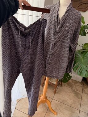 Robert Stock Silk Pajama Set Mens M Navy Geometric Button Up Lounge Set